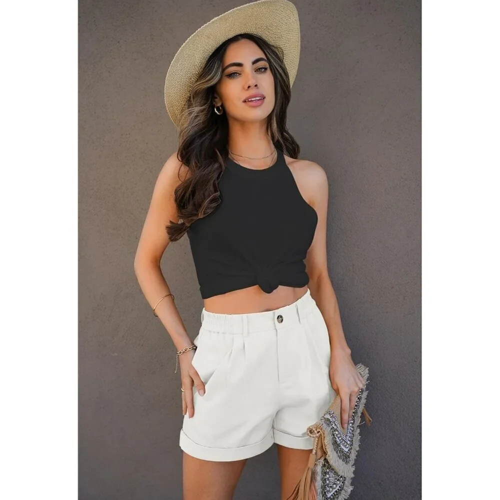 Women's White High Waisted Cotton Stretch Elastic Waist Pleated Summer Shorts